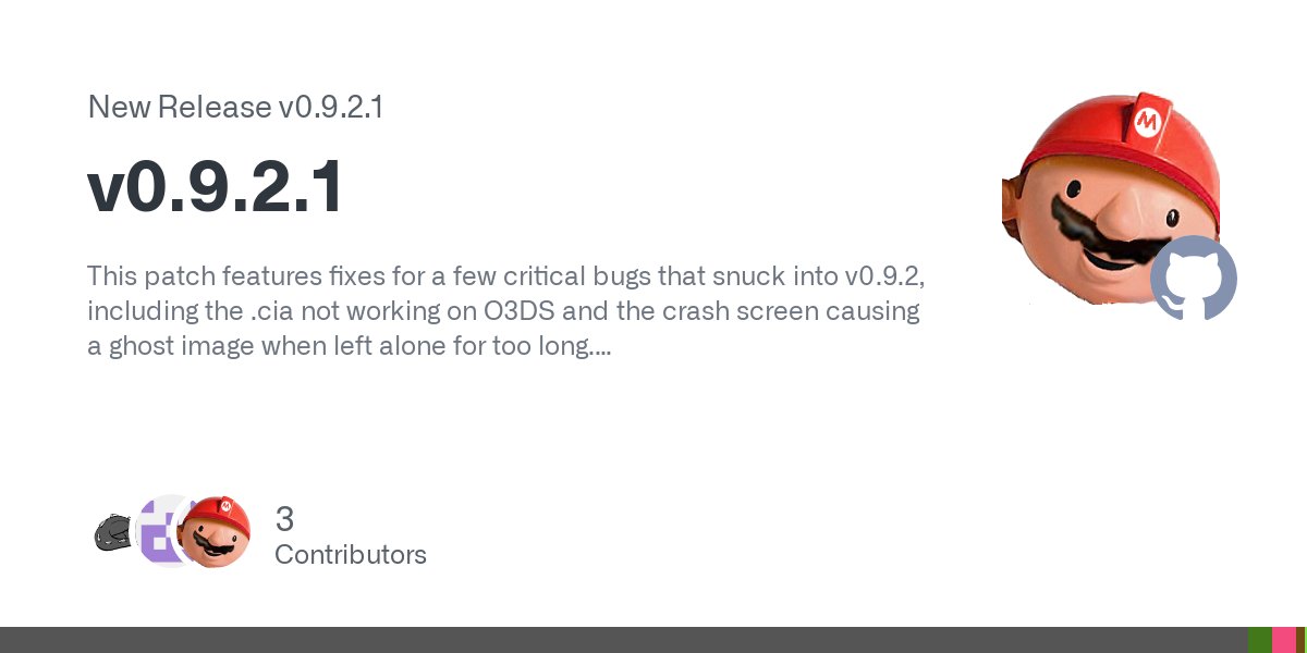 Skyfloogle's tweet card. This patch features fixes for a few critical bugs that snuck into v0.9.2, including the .cia not working on O3DS and the crash screen causing a ghost image when left alone for too long. v0.9.2 chan...