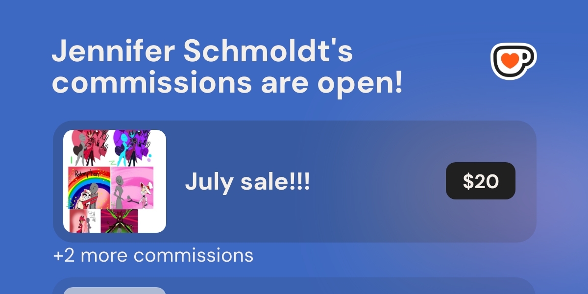 hazbinhelljen's tweet card. Commissions Open! Click to see Jennifer Schmoldt's commission menu.