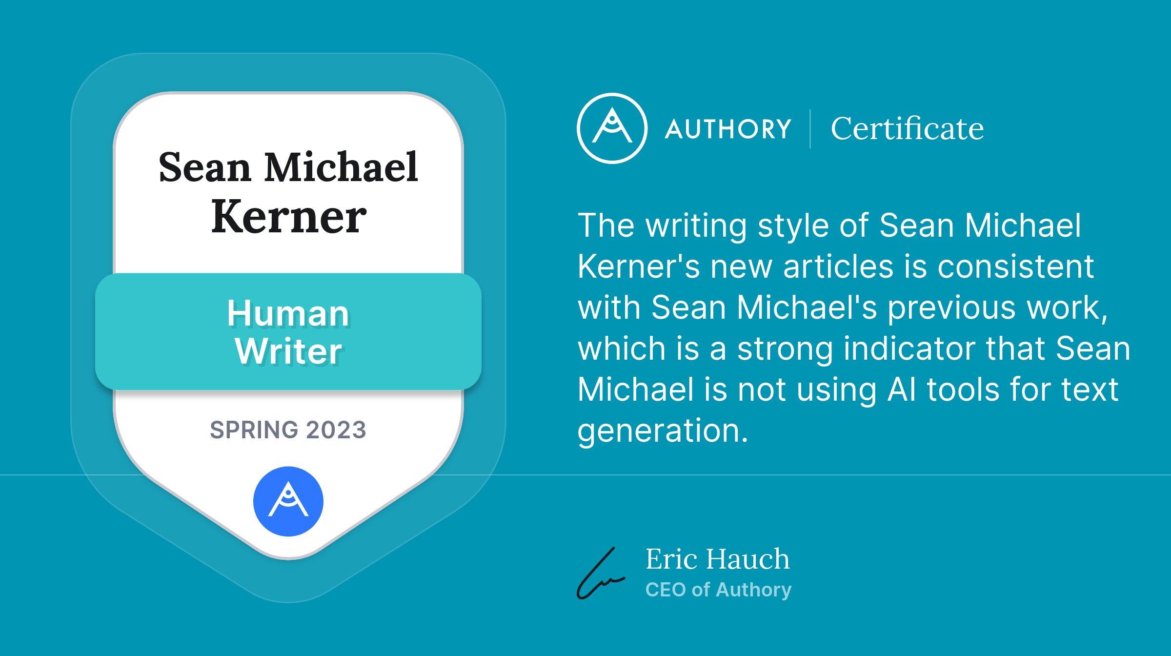 TechJournalist's tweet card. This certificate proves that the holder's articles are written with a high degree of certainty by a human, not by artificial intelligence.