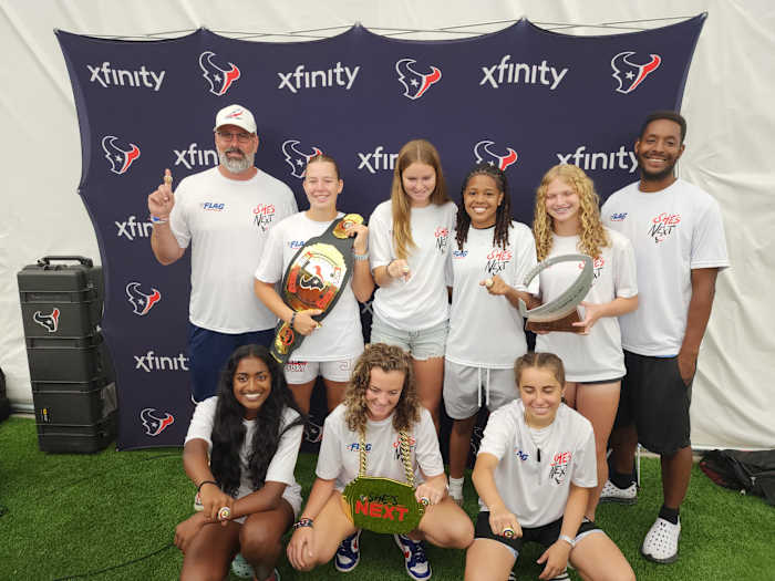 AaronWilson_NFL's tweet card. Texans host girls flag football team championship squad at training camp