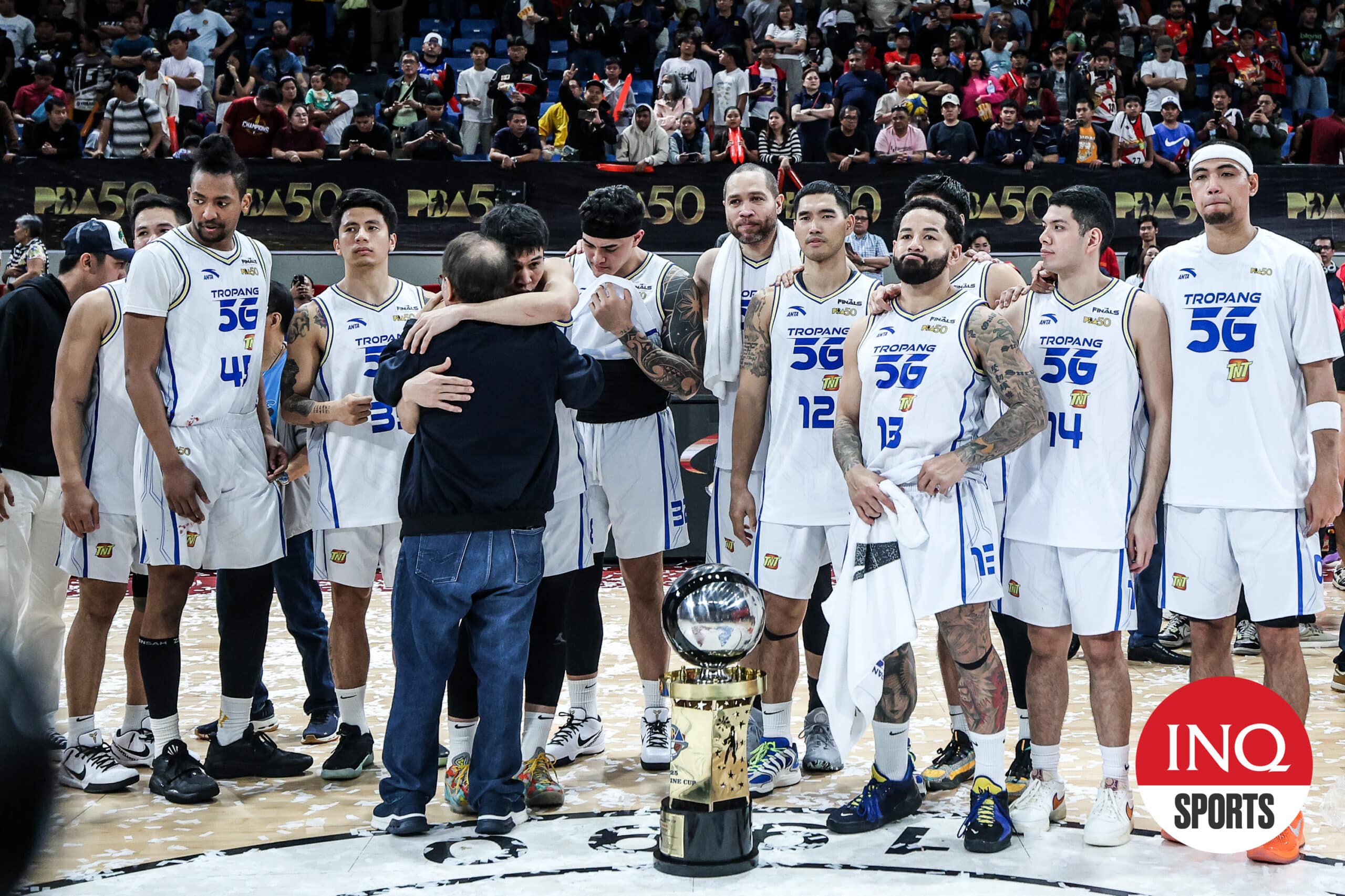 INQUIRERSports's tweet card. Manny V. Pangilinan said there’s no reason for TNT to be ashamed after falling short of completing the PBA Grand Slam,