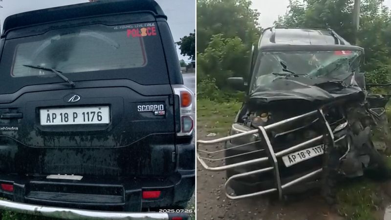 thetribunechd's tweet card. The police officials were travelling from Vijayawada to Hyderabad in a car on official work.