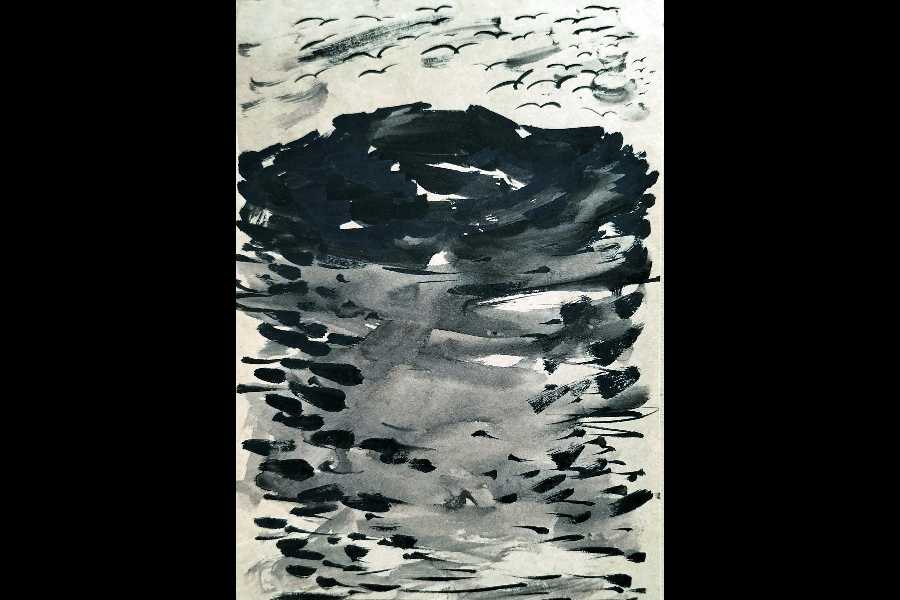 opinion_tt's tweet card. Three paintings reminded viewers of the Ghose we know: luminous landscapes, sometimes punctuated by a distant figure, coloured fields vibrating with a quiet intensity