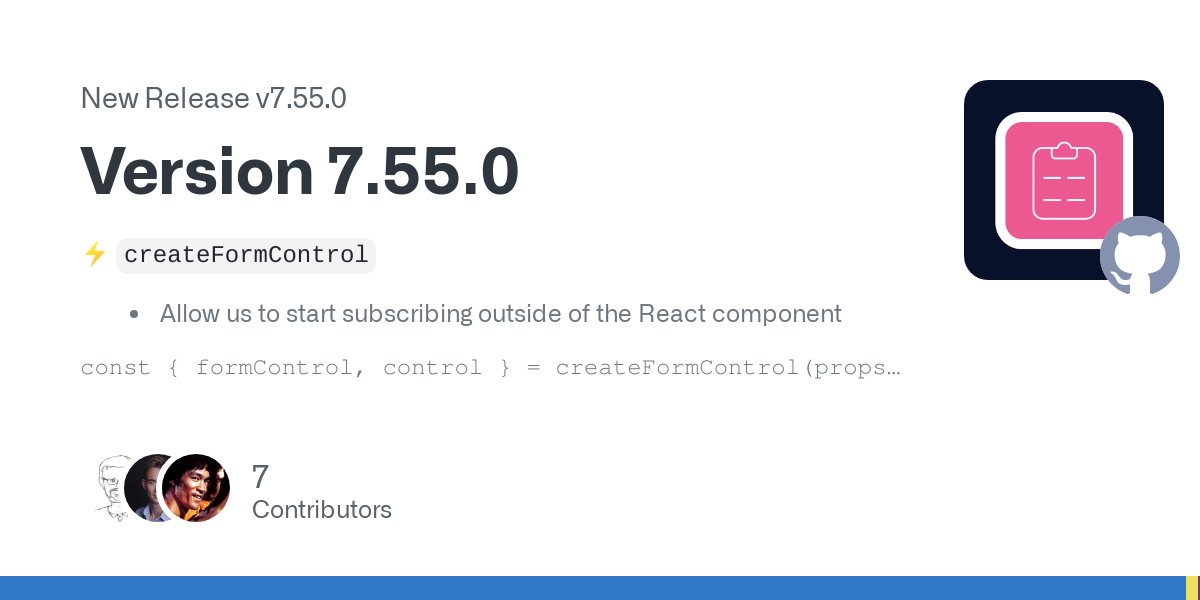 HookForm's tweet card. ⚡️ createFormControl Allow us to start subscribing outside of the React component const { formControl, control } = createFormControl(props) function App() { const { register } = useForm({ ...