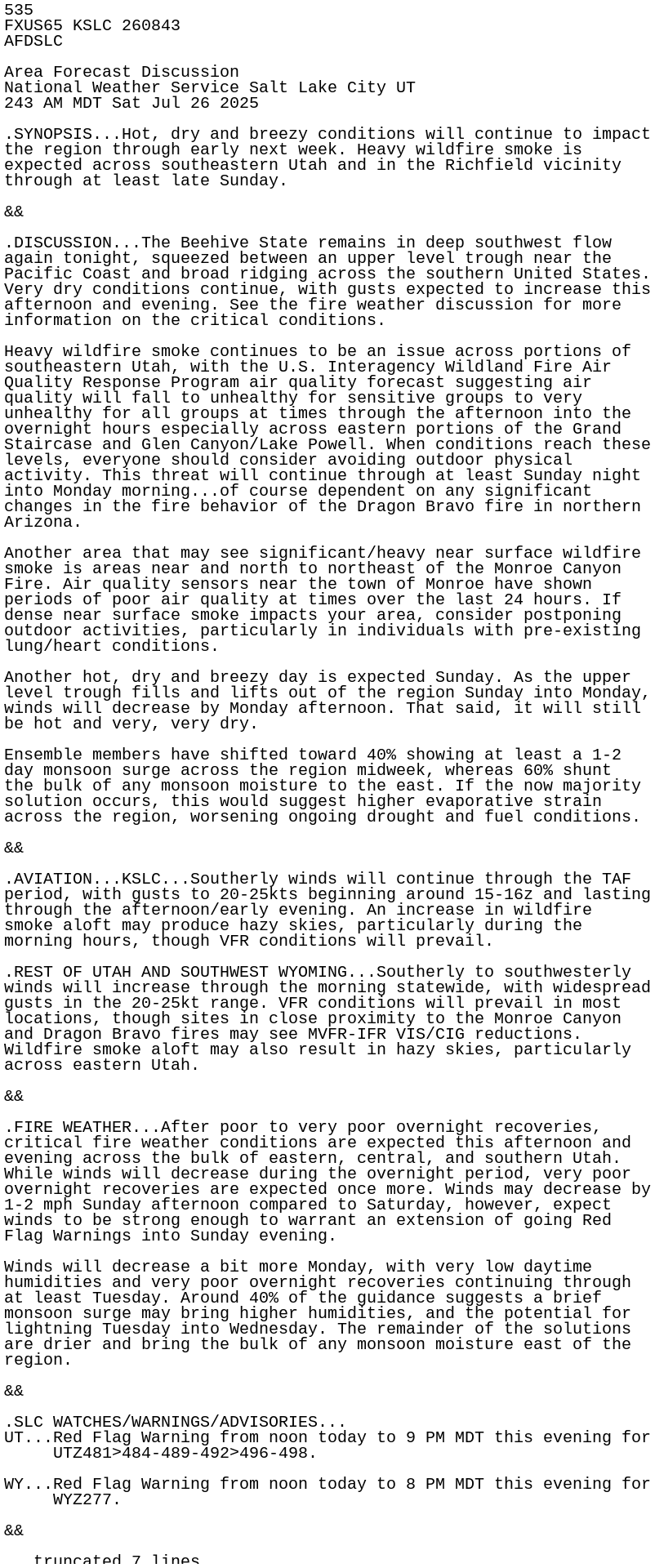 iembot_slc's tweet card. AFD issued by NWS SLC at 26 Jul 2025 08:43 UTC