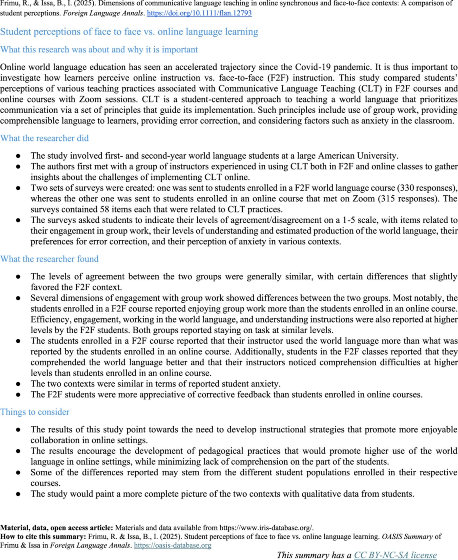 actfl's tweet card. This study compares learner perceptions in a synchronous online versus face-to-face (F2F) learning context about four principles of communicative language teaching (CLT): promoting collaborative...