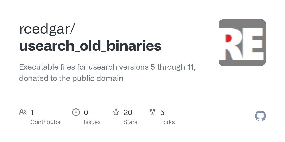 RobertEdgarPhD's tweet card. Executable files for usearch versions 5 through 11, donated to the public domain - rcedgar/usearch_old_binaries