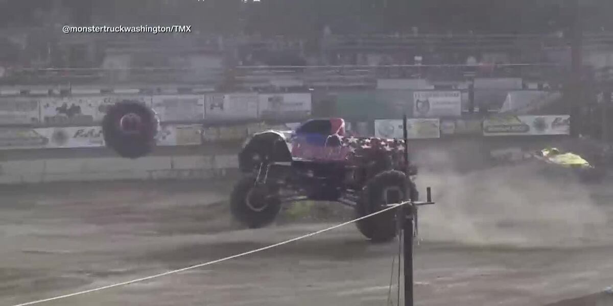12OnYourSide's tweet card. A high-flying monster truck lost its wheel, which went sailing into the arena's parking lot.