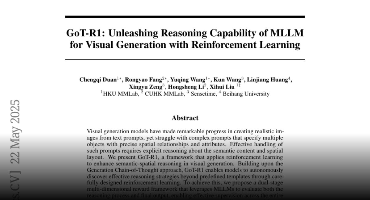 XihuiLiu's tweet card. Paper page - GoT-R1: Unleashing Reasoning Capability of MLLM for Visual Generation with Reinforce...