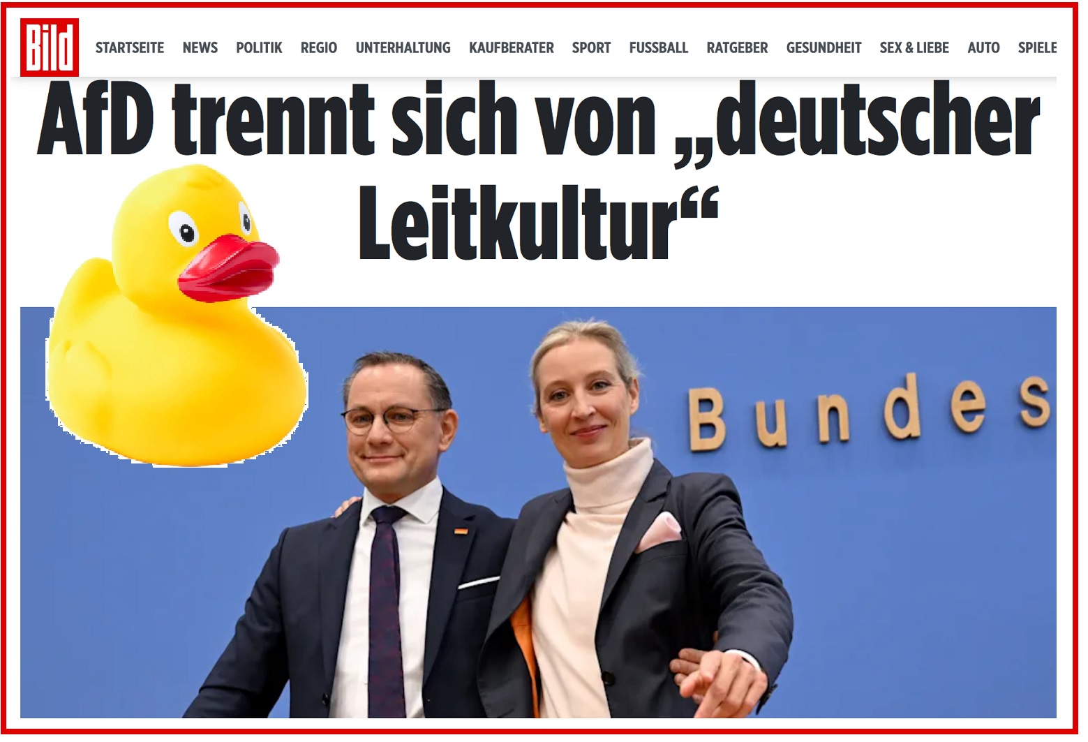 PeterBoehringer's tweet card. Die Kampf-BILD bringt Enten, um wieder mal anlassfrei Streit in die AfD zu tragen. Aktuell behauptet die Bild: "Als Kampfbegriff gestrichen: AfD trennt sich von „deutscher Leitkultur“.  Das Trommel...