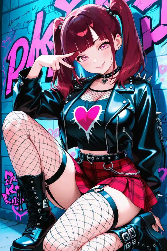 Ruby_RdMn's tweet card. '【オズチャット】パンクロック・ガーリーな揺蓮サキ【二次創作】' by 赤月るびぃ features tags like anime_style, オズチャット, るびぃ的サキちゃんにしてほしいファッション100選, 揺蓮サキ,