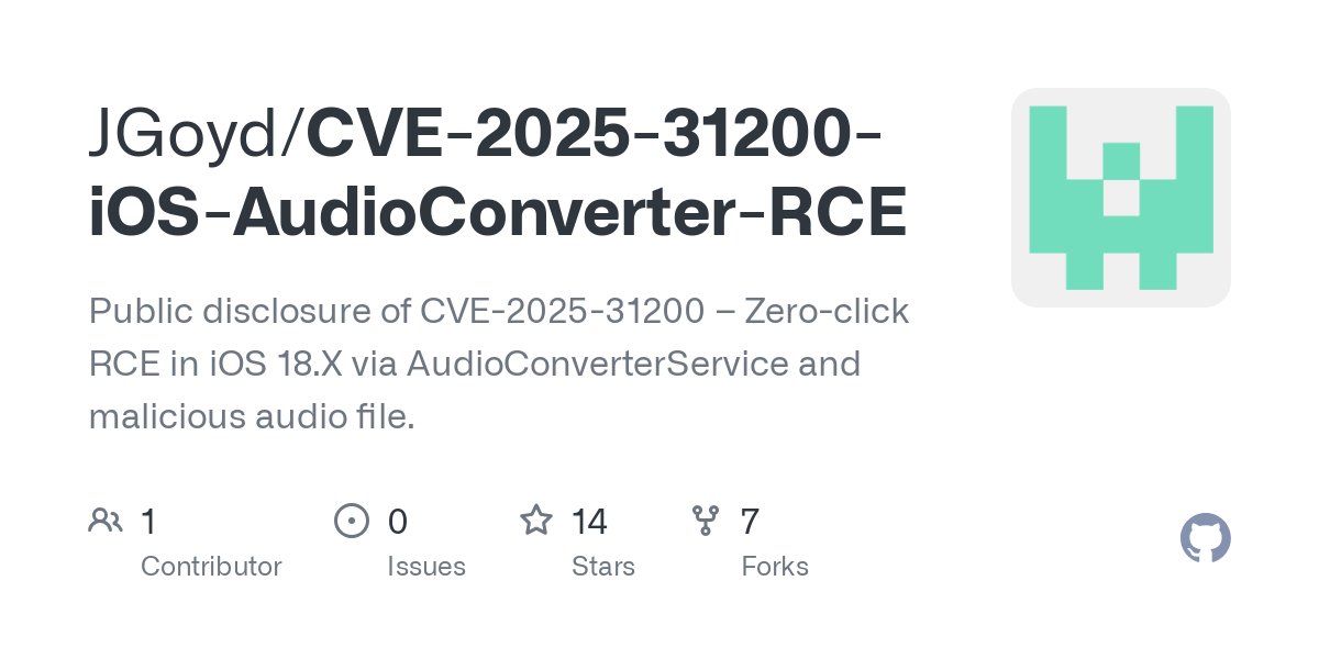 minacrissDev_'s tweet card. Public disclosure of CVE-2025-31200 – Zero-click RCE in iOS 18.X via AudioConverterService and malicious audio file. - JGoyd/CVE-2025-31200-iOS-AudioConverter-RCE