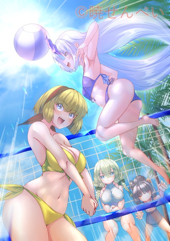 3boncha's tweet card. 水着！（完成版） ってことで！ そぉい！ っと。 夏の日射しに負けない おにゃのこ達の勇姿を ご覧あれ！ ……いやでも、昨今のような酷暑の中なら 絶対 海になんて行かせないな……私😅 今の日射しに勝とうなんて 考え……