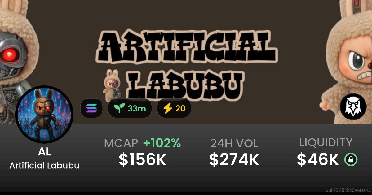 Maverickdoteth's tweet card. $0.0001547 Artificial Labubu (AL) realtime price charts, trading history and info - AL / SOL on Solana / Raydium