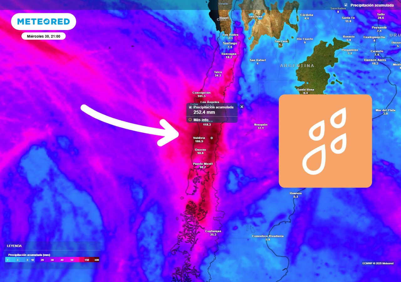 meteoredcl's tweet card. Julio se va, pero nos dejará abundantes lluvias sobre varias regiones de Chile. Un río atmosférico extremo entra en escena junto a un sistema frontal.