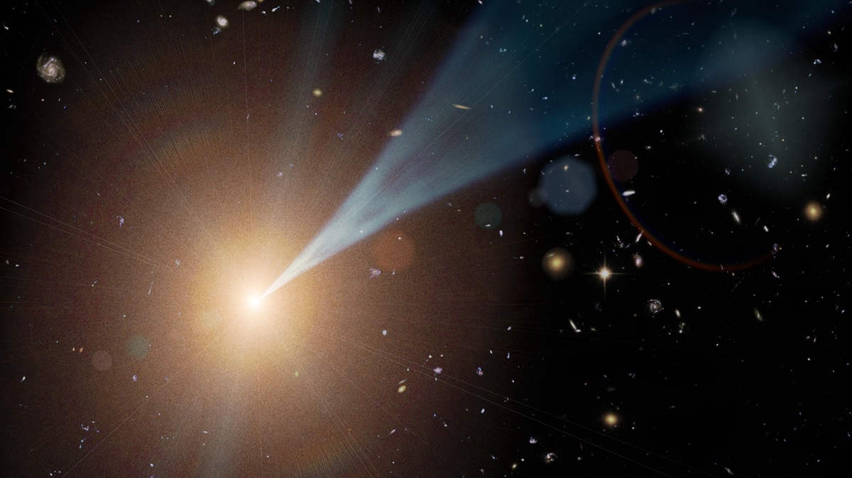 CosmosMagazine's tweet card. A blazar galaxy sitting in the background of the Lizard constellation is emitting a narrow jet of ionised matter near the speed of light.