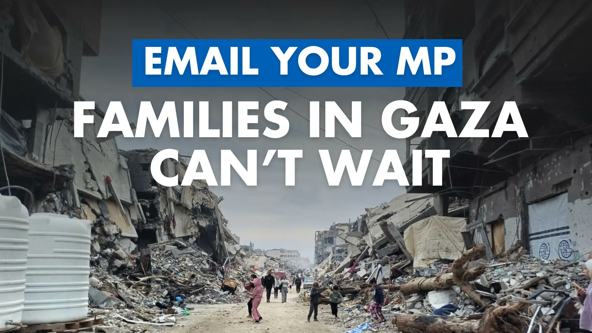 justfournotes's tweet card. Families in Gaza can't wait—send our message to your MP now.