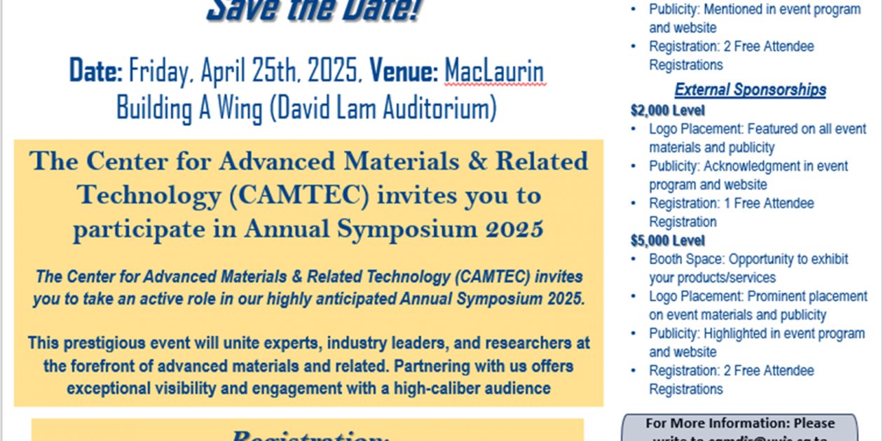 UVicCAMTEC's tweet card. The Center for Advanced Materials & Related Technology (CAMTEC) invites you to take an active role in our highly anticipated Annual Symposium 2025