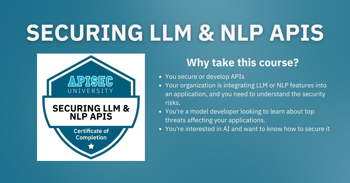 apisecu's tweet card. Learn to secure APIs powering LLM and NLP applications against prompt injection, data leakage, and model abuse. Built for AppSec, DevSecOps, and cybersecurity professionals deploying AI-enabled...