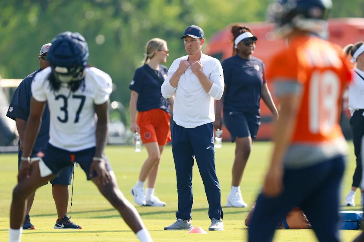 BearsAlerts's tweet card. The Bears have a busy schedule during camp with joint practices and the preseason. Ben Johnson discussed the benefits.