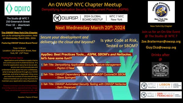 ApiiroSecurity's tweet card. ***How wonderful having our OWASP Global Team and our Host Appiiro w/ Payton O'Neal and Jason Sansone kicking off the OWASP 2024 NYC Chapter Event. Come join Zoe B. and Guy
