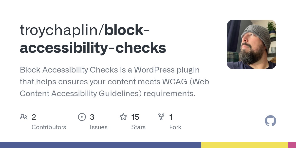 troychaplin's tweet card. Block Accessibility Checks is a WordPress plugin that helps ensures your content meets WCAG (Web Content Accessibility Guidelines) requirements. - troychaplin/block-accessibility-checks