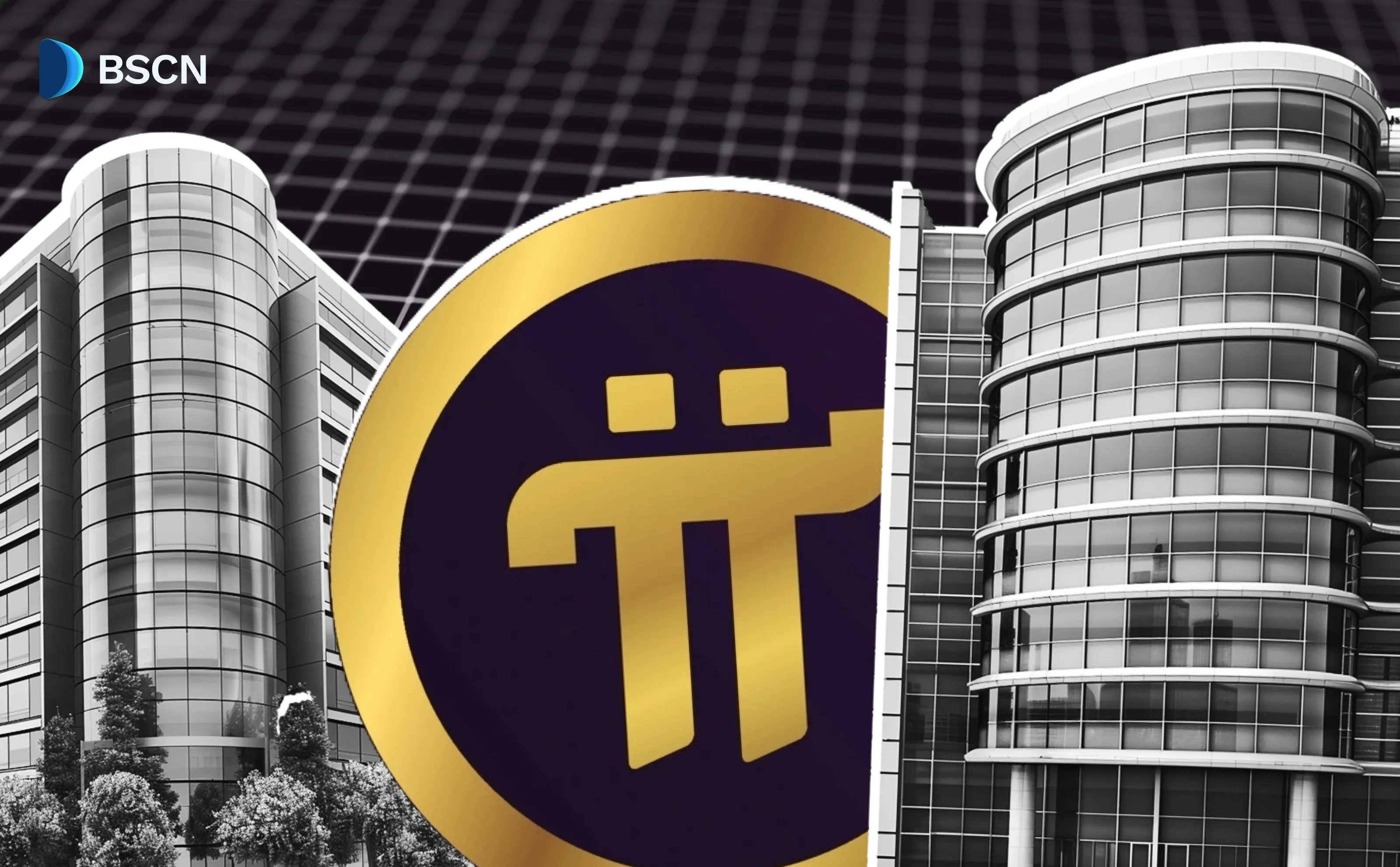 Pi Network logo over a modern office building