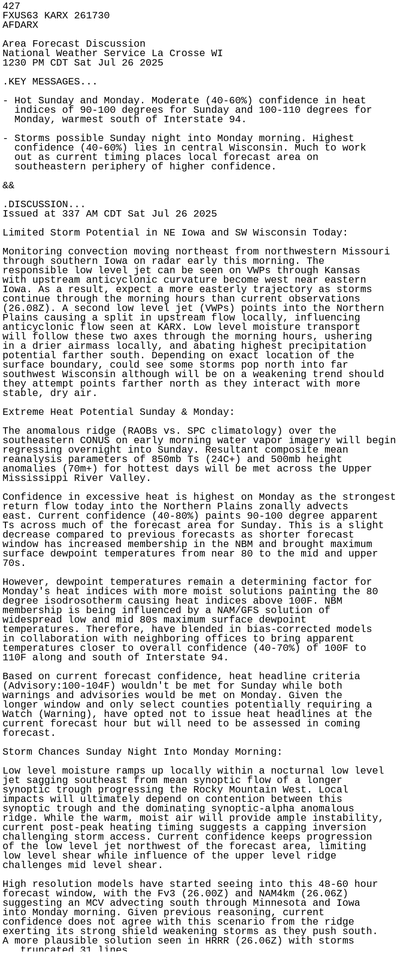 iembot_arx's tweet card. AFD issued by NWS ARX at 26 Jul 2025 17:30 UTC