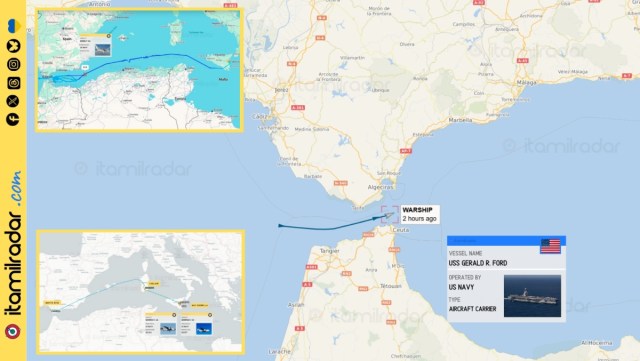 ItaMilRadar's tweet card. This afternoon, the Carrier Strike Group (CSG) of the USS Gerald R. Ford (CVN-78) entered the Mediterranean Sea. Earlier this morning, a pair of US Navy Grumman C-2A aircraft were deployed to NAS S…