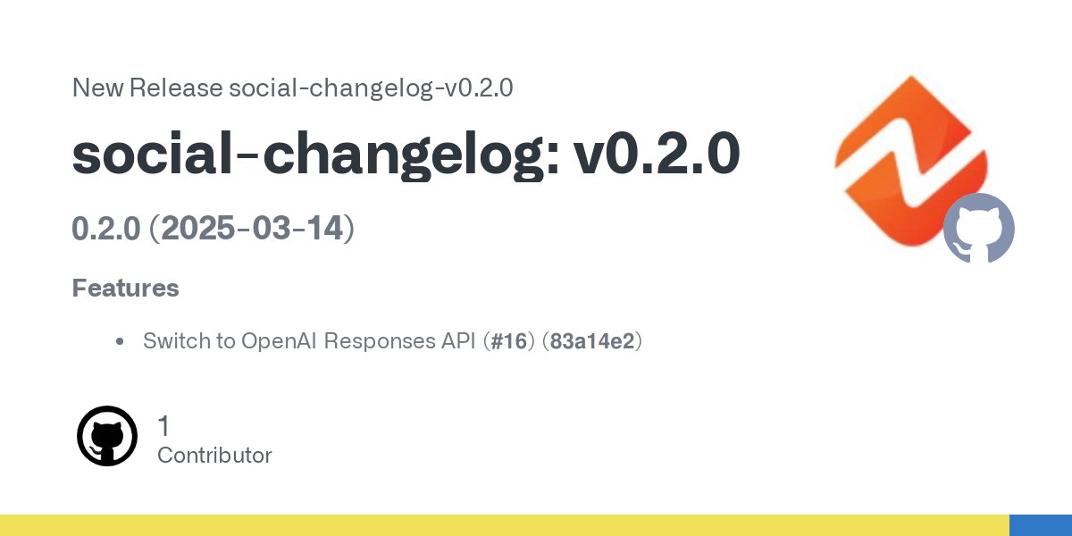 humanwhocodes's tweet card. 0.2.0 (2025-03-14) Features Switch to OpenAI Responses API (#16) (83a14e2)