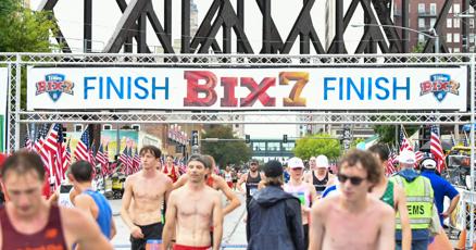 qctimes's tweet card. Images from start and finish lines of the 51st running of the Quad-City Times Bix 7 on Saturday, July 26, 2025. Alex Maier and Vibian Chepkirui raced to victory in