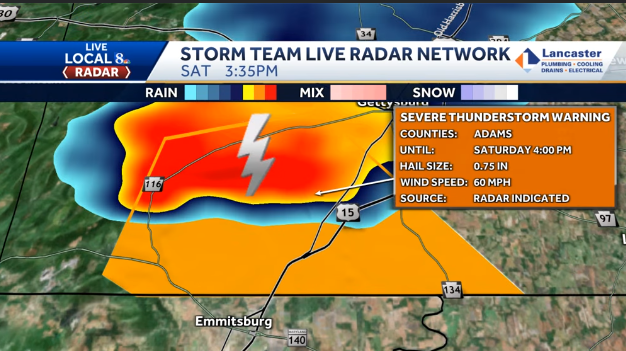 WGAL's tweet card. The National Weather Service has issued a Severe Thunderstorm Warning for southwestern Adams County in south central Pennsylvania until 4 p.m.