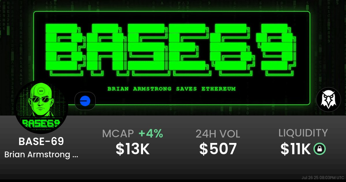 Base69Terminal's tweet card. $0.1941 Brian Armstrong Saves Ethereum (BASE-69) realtime price charts, trading history and info - BASE-69 / WETH on Base / Uniswap