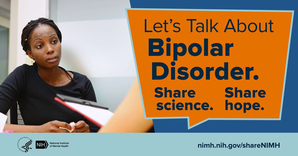 NIMHgov's tweet card. Download and share informational graphics, social media messages, and videos, to help raise awareness about bipolar disorder.