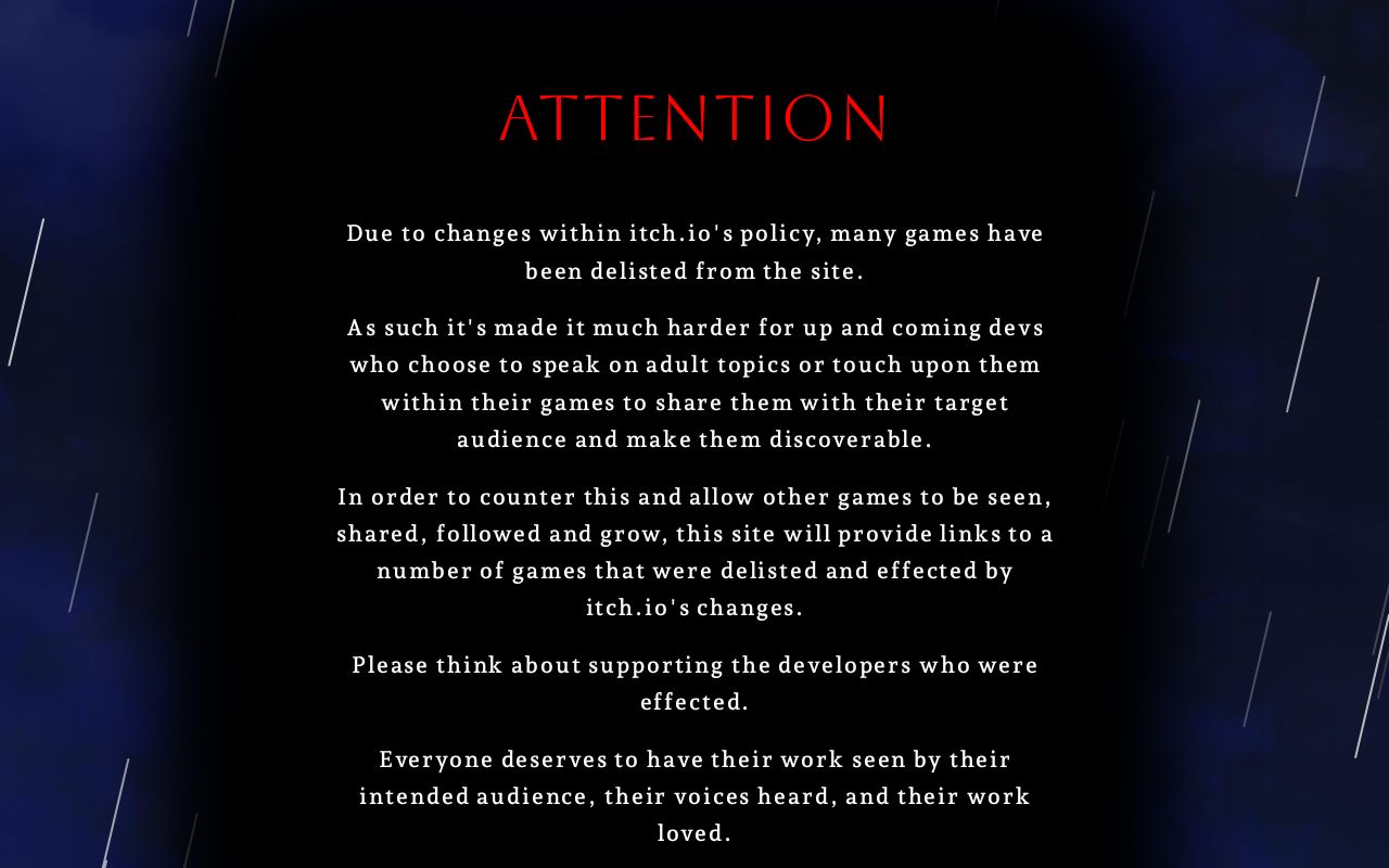 YOUandHIM_GAME's tweet card. Here is a log of games that were delisted from itch.io with explicit permissions to share links given from the creators of said games.