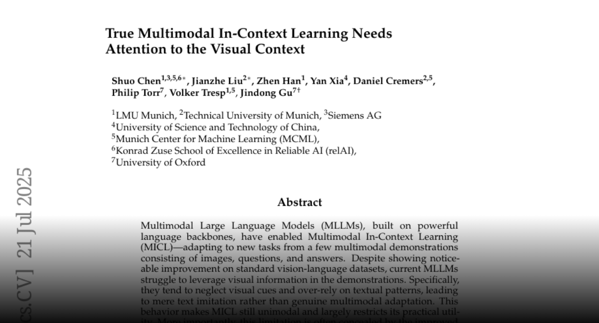 javaeeeee1's tweet card. Paper page - True Multimodal In-Context Learning Needs Attention to the Visual Context