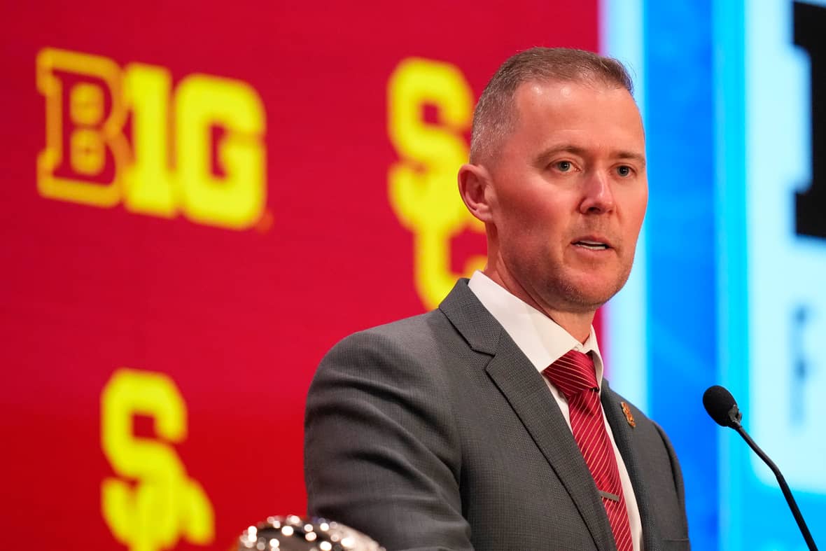 RyanDyrudLAFB's tweet card. We all knew that one of the major talking points going into Big Ten Media Days would be centered around the USC Trojans and Notre Dame, and Lincoln Riley's