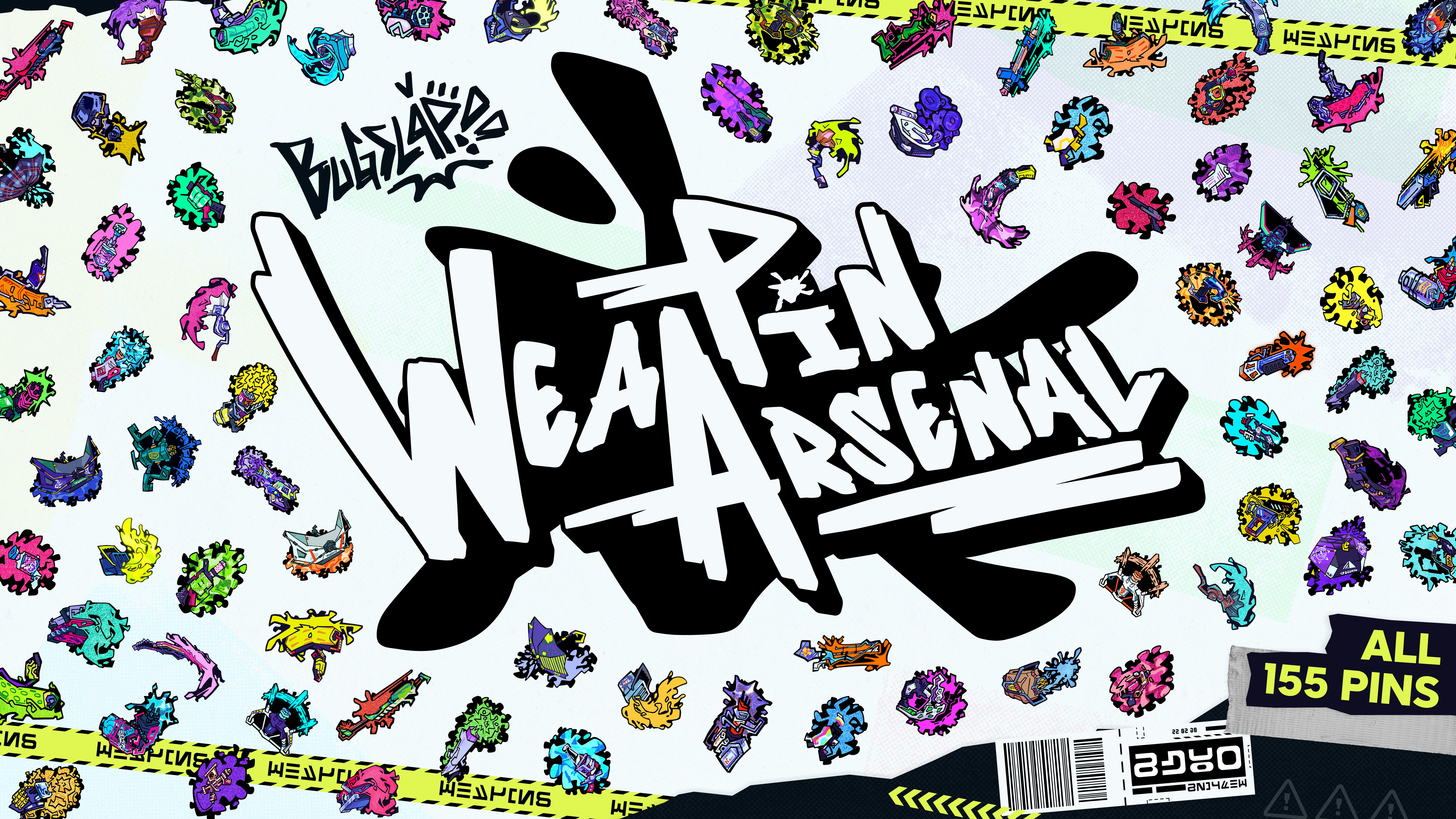 BUGSSLAP's tweet card. A NEW WEAPIN SEASON DROPS…NOW!! 💥 155 designs based off a fresh, splat-tastic game! Rep your favorite weapon as a hard enamel pin, with a special ink effect from glitter, pearl swirl, or glow enamel.