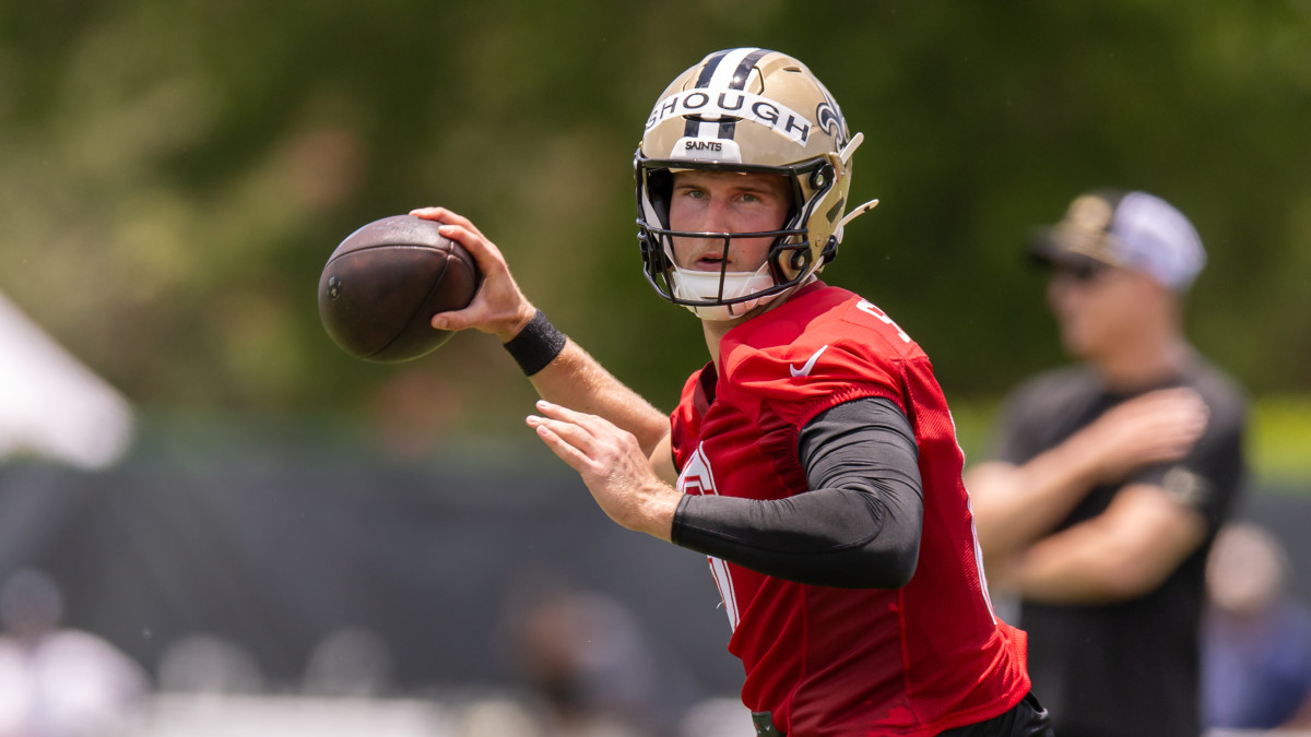 KyleBesson504's tweet card. Day two of New Orleans Saints training camp wrapped up with rookie quarterback Tyler Shough having a better showing and a fight.