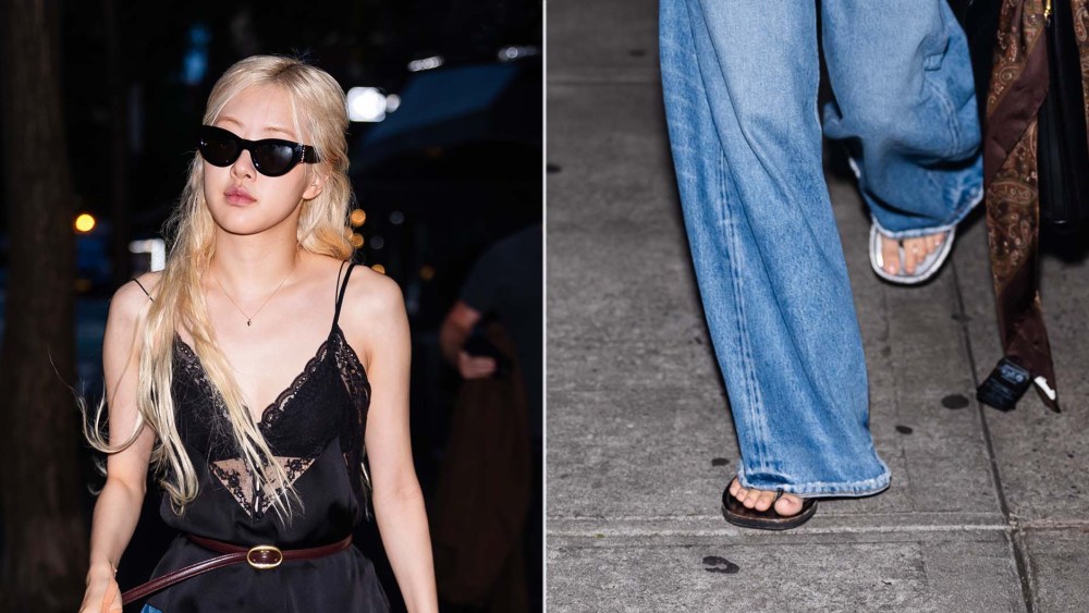 wwd's tweet card. Rosé joined the summer’s celebrity flip-flop trend in black thong sandals and loose denim while out in New York on Friday night.