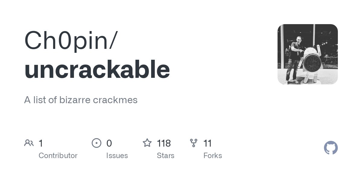 Ch0pin's tweet card. A list of bizarre crackmes. Contribute to Ch0pin/uncrackable development by creating an account on GitHub.