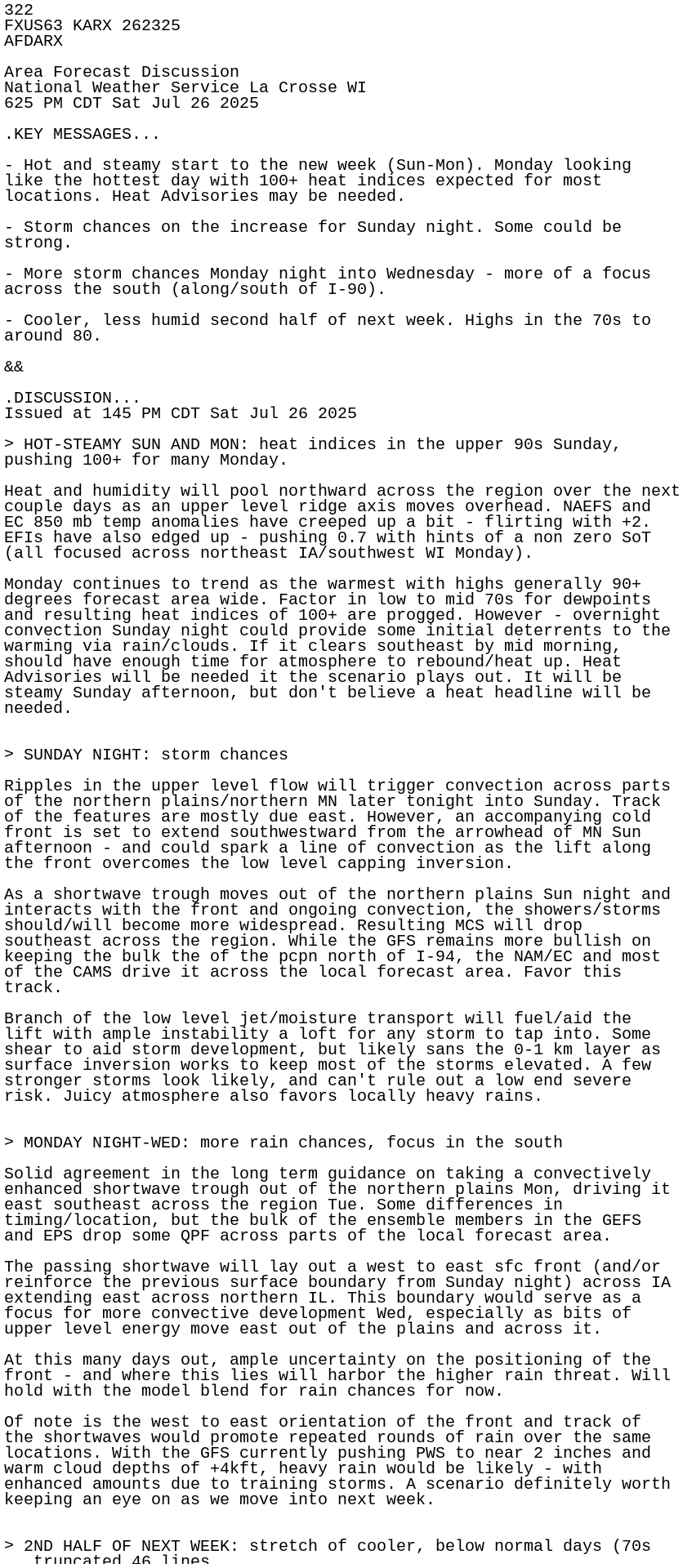 iembot_arx's tweet card. AFD issued by NWS ARX at 26 Jul 2025 23:25 UTC