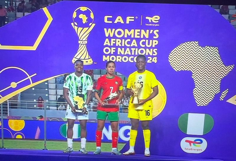 pmnewsnigeria's tweet card. Super Falcons’ Chiamaka Nnadozie and Rasheedat Ajibade win top WAFCON 2024 awards, shining in Nigeria’s triumphant campaign.