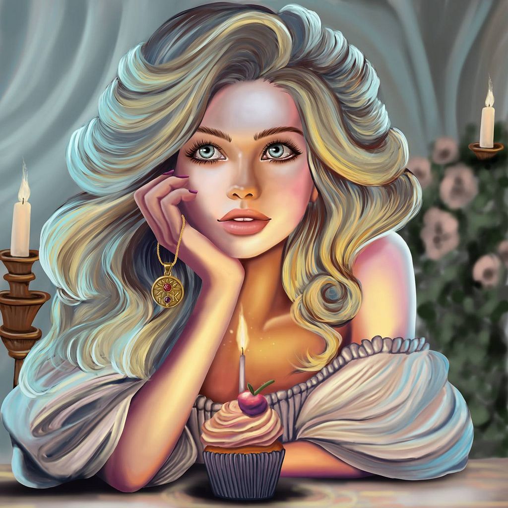 jacky_irkart's tweet card. Dreams dance in her eyes, and in her hand she holds a pendant full of hidden meaning. A single candle flickers on a cupcake before her, casting a soft, gol...