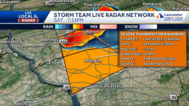 WGAL's tweet card. The National Weather Service has issued a Severe Thunderstorm Warning for northwestern Lancaster County and southwestern Lebanon County until 8:30 p.m.