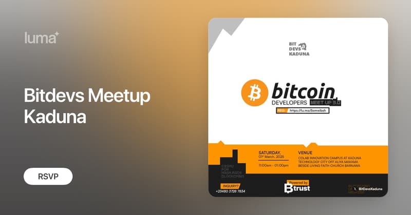 BitDevsKaduna's tweet card. BitDevs Kaduna is a community where Bitcoin developers and enthusiasts gather to engage in technical discussions and collaborate on Bitcoin development