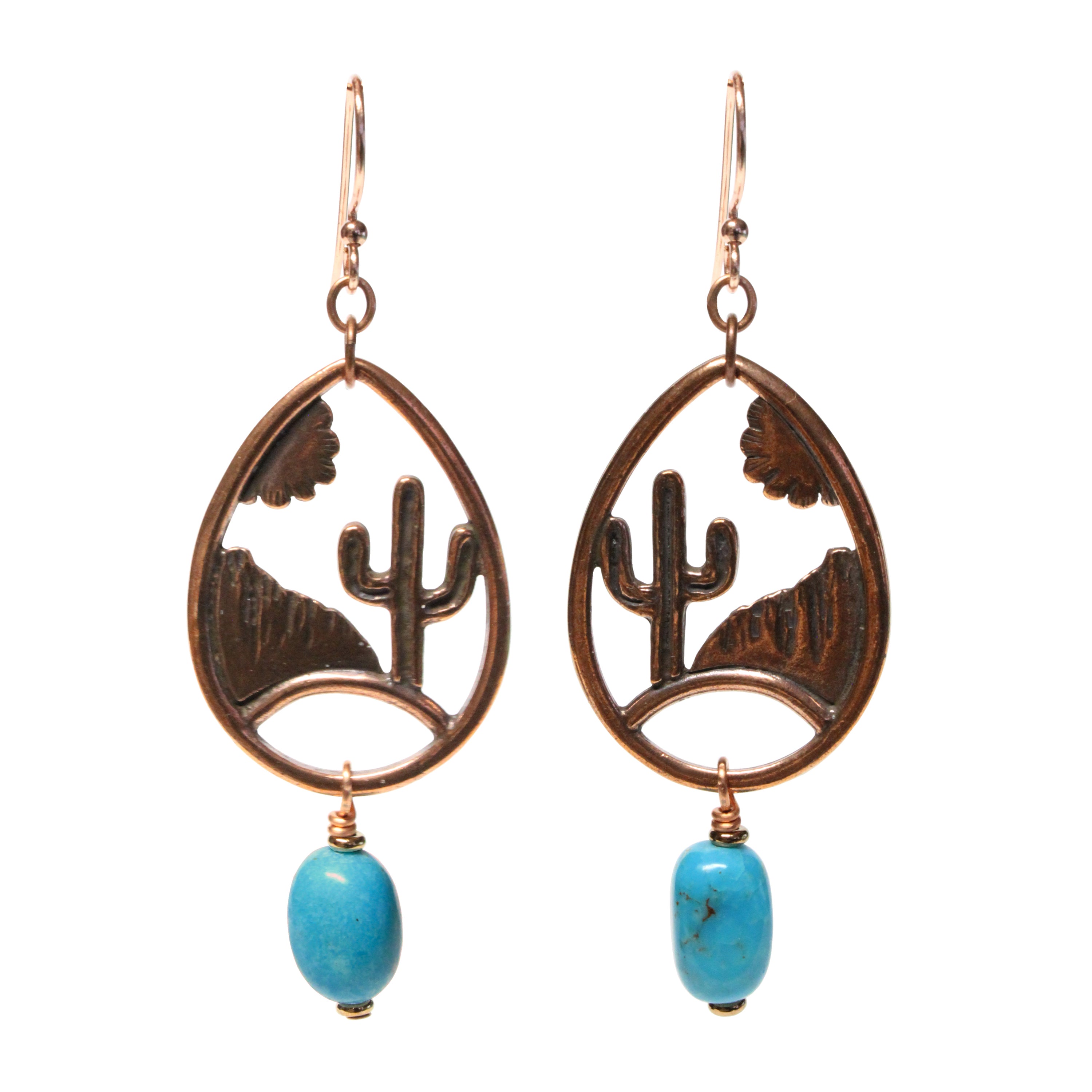 StravaMax's tweet card. Desert Scene Earrings have genuine Nacozari turquoise with copper pewter components. These earrings have a classic teardrop pendant that reveals a charming southwest desert scene! Below the desert...