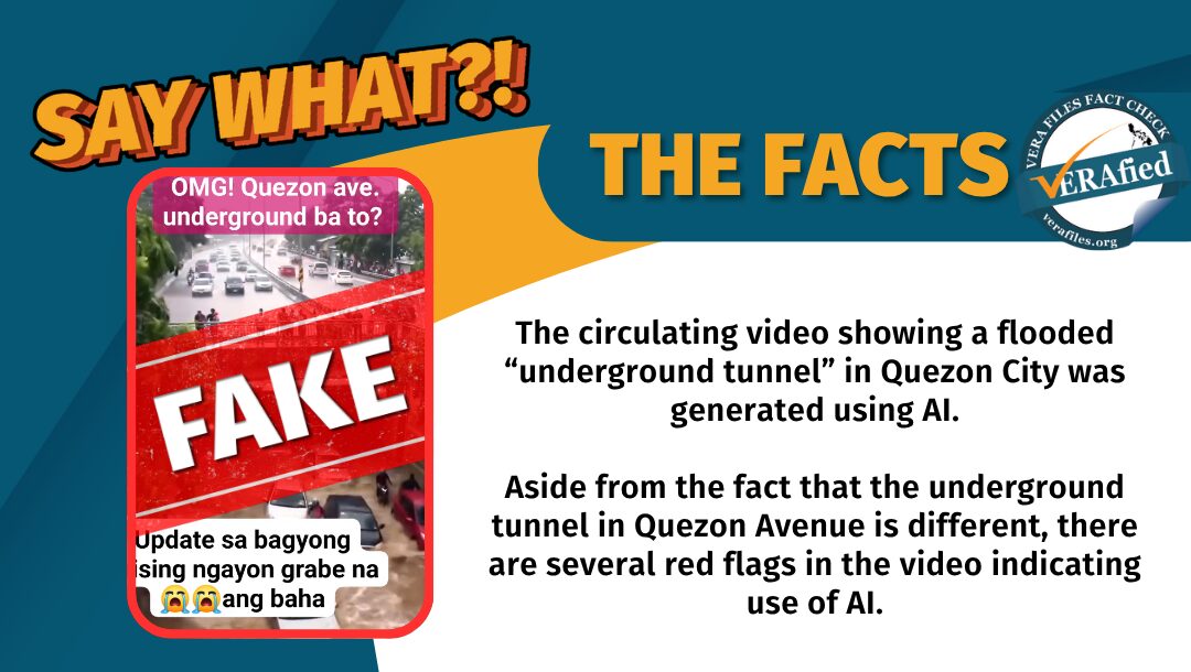 verafiles's tweet card. An AI-generated video is showing an alleged underground tunnel in Quezon Avenue submerged in flood.