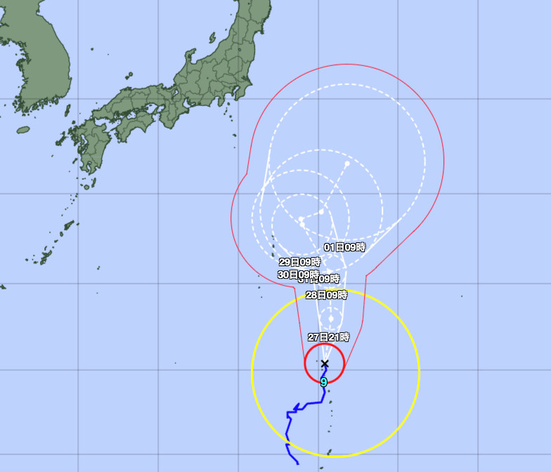 Hocchama's tweet card. 気象庁によると大型で強い台風9号は27日午前9時現在、小笠原近海の北緯20度25分、東経145度25分を時速約20キロで北へ進んでいる。中心の気圧は965ヘクトパスカル、中心付近の最大風速は40メートル、最大瞬間風速は55メートルで、中心から半径130キロ以内では風速25メートル以上の暴風となっている。　台風は今後も北上を続け、28日から29日にかけて小笠原諸島に最も接近する見込み。その後3...