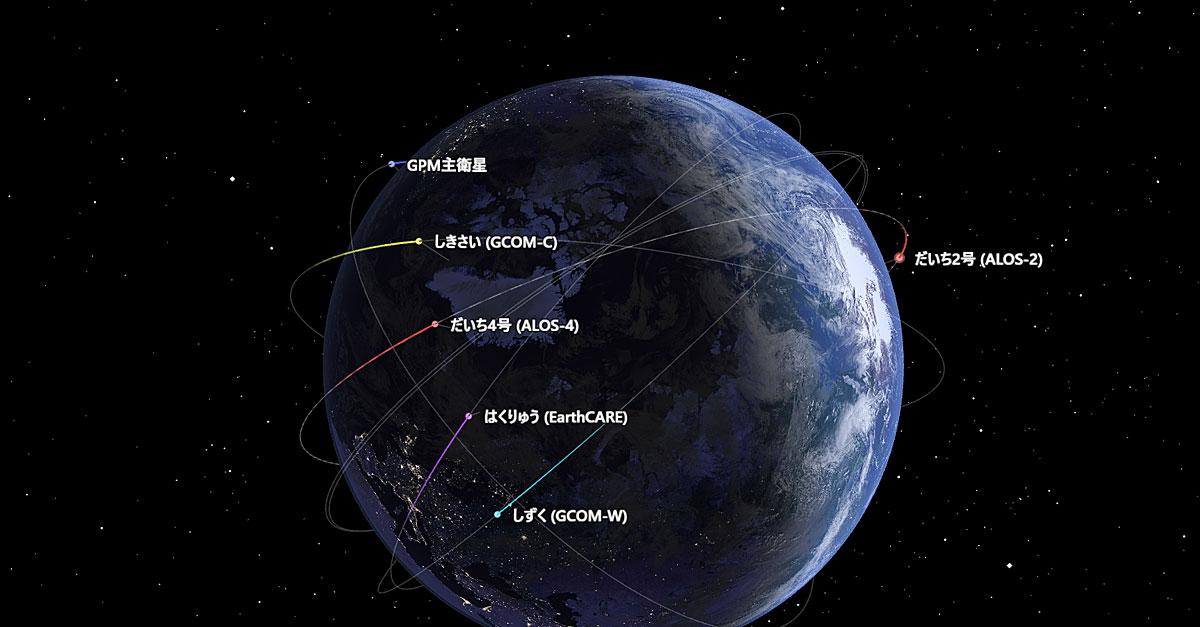 satellite_jaxa's tweet card. JAXAの地球を見守る人工衛星たちの現在位置をリアルタイムで表示しています。JAXAでは様々な人工衛星を使って地球を観測しており、得られたデータは気候変動の解明や地球環境の保護、安全・安心な社会の実現のために役立てられています。